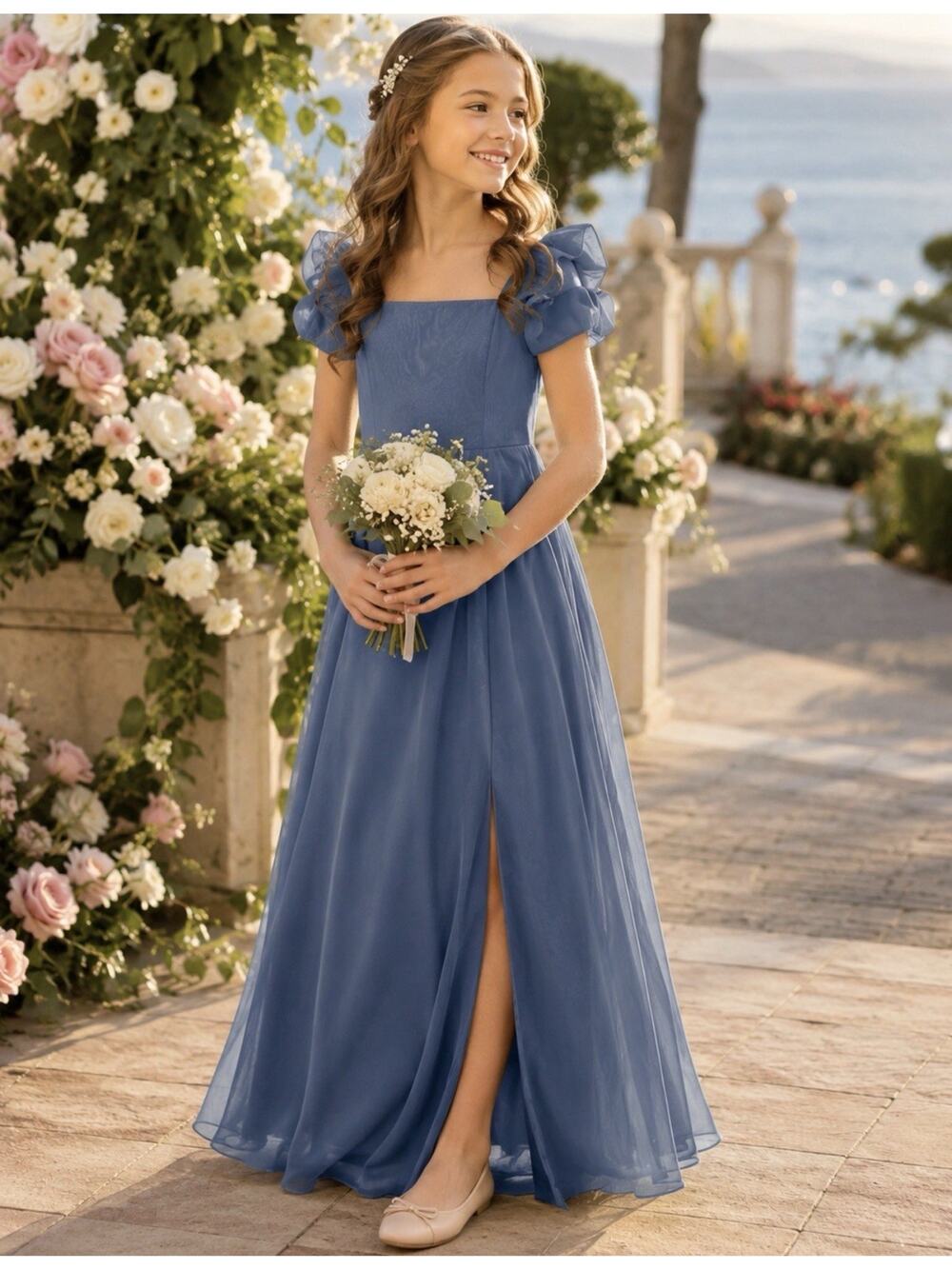 NWT BXZ Girls Size 10 Dusty Blue Chiffon Maxi Dress Puff Sleeve Formal